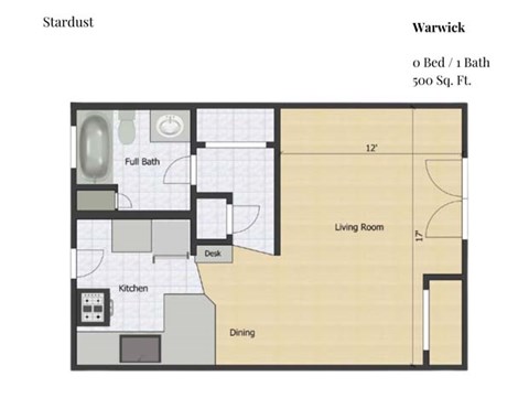 Floor plan for studio, 1 bath, 500 sqft